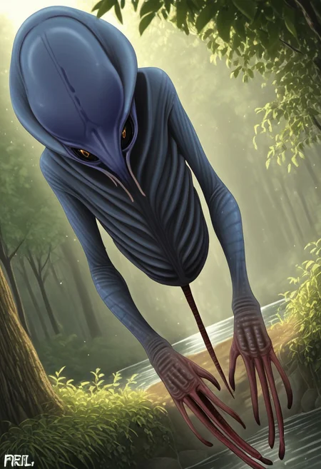 ((Alien humanoid)),
((Alien species)), solo, androgynous, aquatic features 
blue skin, ((webbed hands, skin between fingers)),
((No nose)):1.3, ((nostrils only, nostril slits, vertical nasal slits, narrow nostrils)):1.5, ((narrow eyes)), ((black sclera, black irises)), smooth skin,  pointy ears, small ears, tiny ears, holes in skin, forehead horn, short horn, veiny horn, ((single horn)):1.0, ((4 fingers)), fingernails, thin lips, ((black hair)), ((short hair, spiky hair)), sharp teeth, ((digitigrade legs)), bent legs,
full body shot
ragged clothes, muddy clothes, loincloth, tunic, dirty
Medieval style, fantasy style,
((Variety)):1.2
((dutch angle, 3/4 view))
river background
fully clothed, loose clothing, clean lines, smooth colors, detailed fingers, sfw, source: semi-realistic, rating: pg, score: 8 up, score: 9
