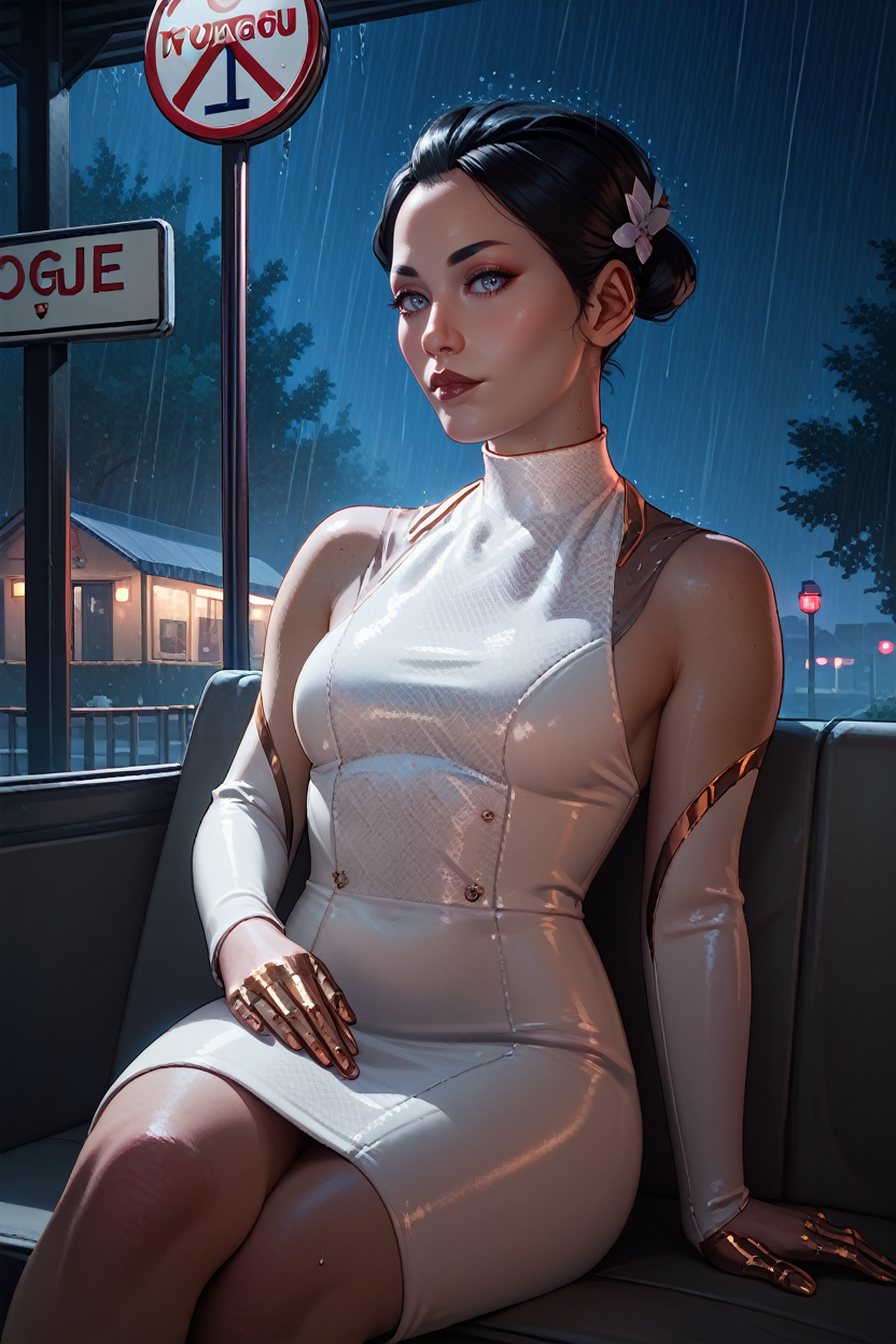 score_9, score_8_up, score_7_up, score_6_up
<lora:CyberHanako:0.8>
CyberHanako, 1girl, black hair, white eyes, hair updo, looking at viewer, bus stop, night, rain, sitting, leaning back, dynamic lighting, modern, vogue