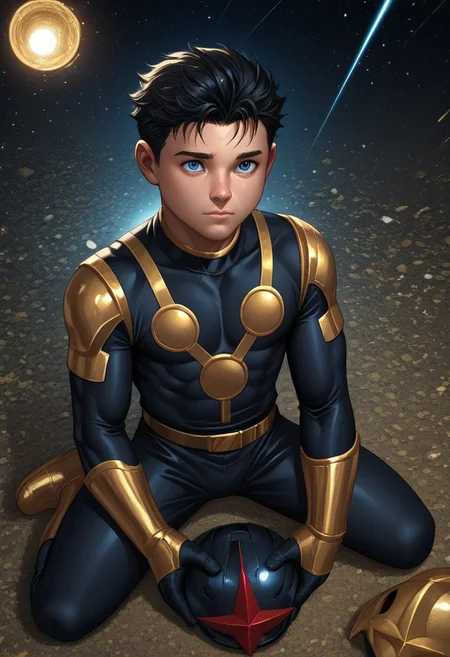 score_9, score_8_up, score_7_up, highly detailed, cute boy, 1boy, solo, young, Sam Alexander, Black Hair, Blue Eyes, Black Bodysuit, Gold Pauldrons, Gold Bracers, Gold Belt, Gold Boots, Helmet Removed, Holding Helmet, single helmet