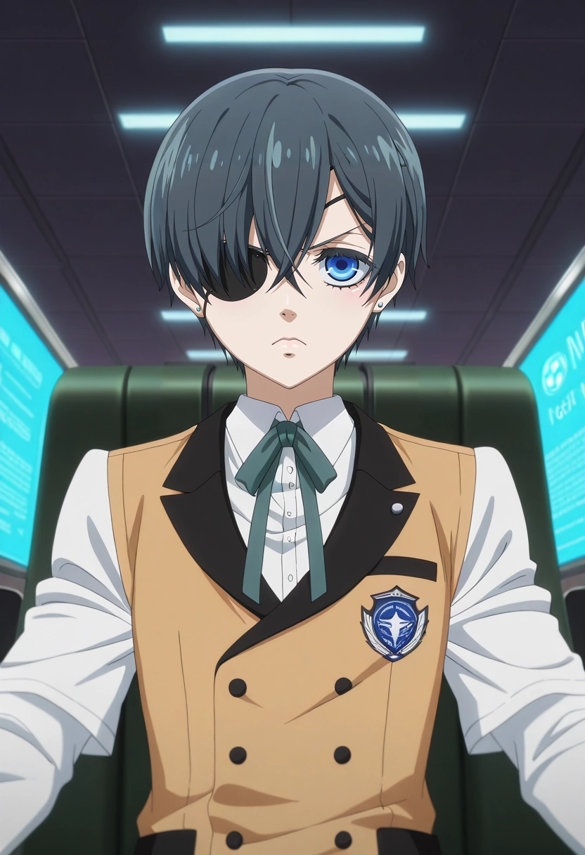 masterpiece, best quality, , anime screencap, anime coloring, , , 1boy, solo, male focus, <lora:ciel_phantomhive_ilxl:1>, ciel_phantomhive, black hair, blue eyes, short hair, eyepatch, airport terminal, sleek gates, bustling travelers, glowing departure boards, waiting pose, hopeful expression, morning glow,