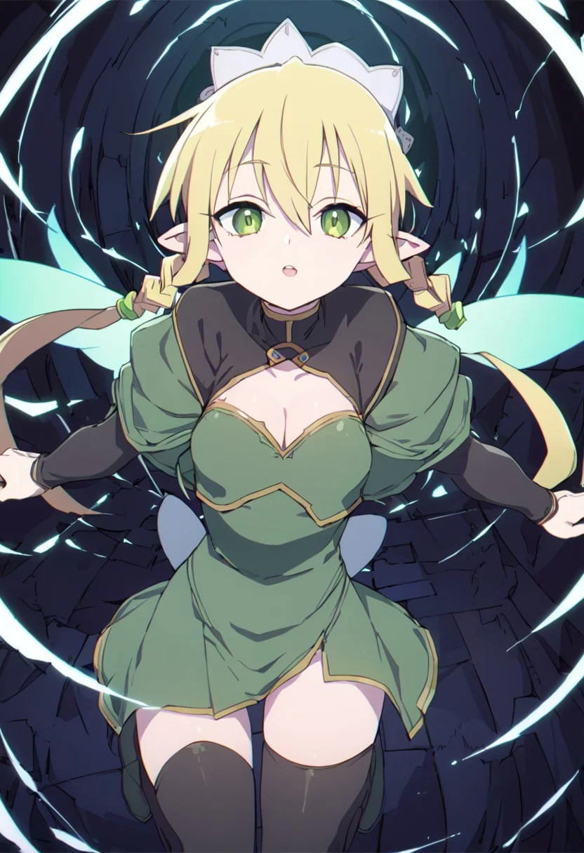 1girl,leafa, teeth, lips, thin lips, solo, looking at viewer, open mouth, upper body, masterpiece, best quality, very aesthetic
(Darken)
(masterpiece, best quality), solo,1girl, long hair, blonde hair, hair between eyes, green eyes, ponytail, braid, pointy ears, twin braids, thighhighs, cleavage, wings, green dress, fairy wings, fairy, multiple wings, spread wings, energy wings, glowing wings, green wings, 
(no black stroke)