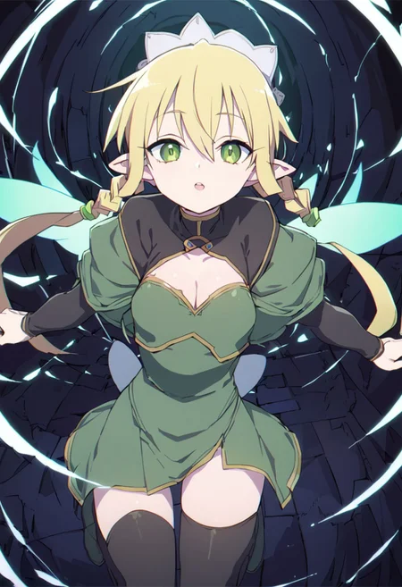 1girl,leafa, teeth, lips, thin lips, solo, looking at viewer, open mouth, upper body, masterpiece, best quality, very aesthetic
(Darken)
(masterpiece, best quality), solo,1girl, long hair, blonde hair, hair between eyes, green eyes, ponytail, braid, pointy ears, twin braids, thighhighs, cleavage, wings, green dress, fairy wings, fairy, multiple wings, spread wings, energy wings, glowing wings, green wings, 
(no black stroke)