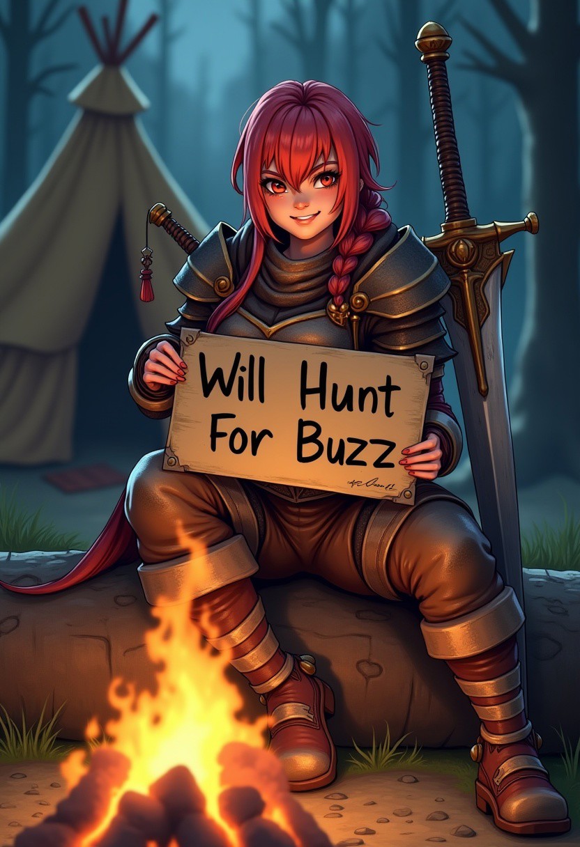 Monster hunter game style, mature, a digital illustration of a redhead female from the game monster hunter holding a sign titled "Will Hunt For Buzz", monster armor, smirk expression, sitting on a log behind a campfire, big sword and tent in the background,