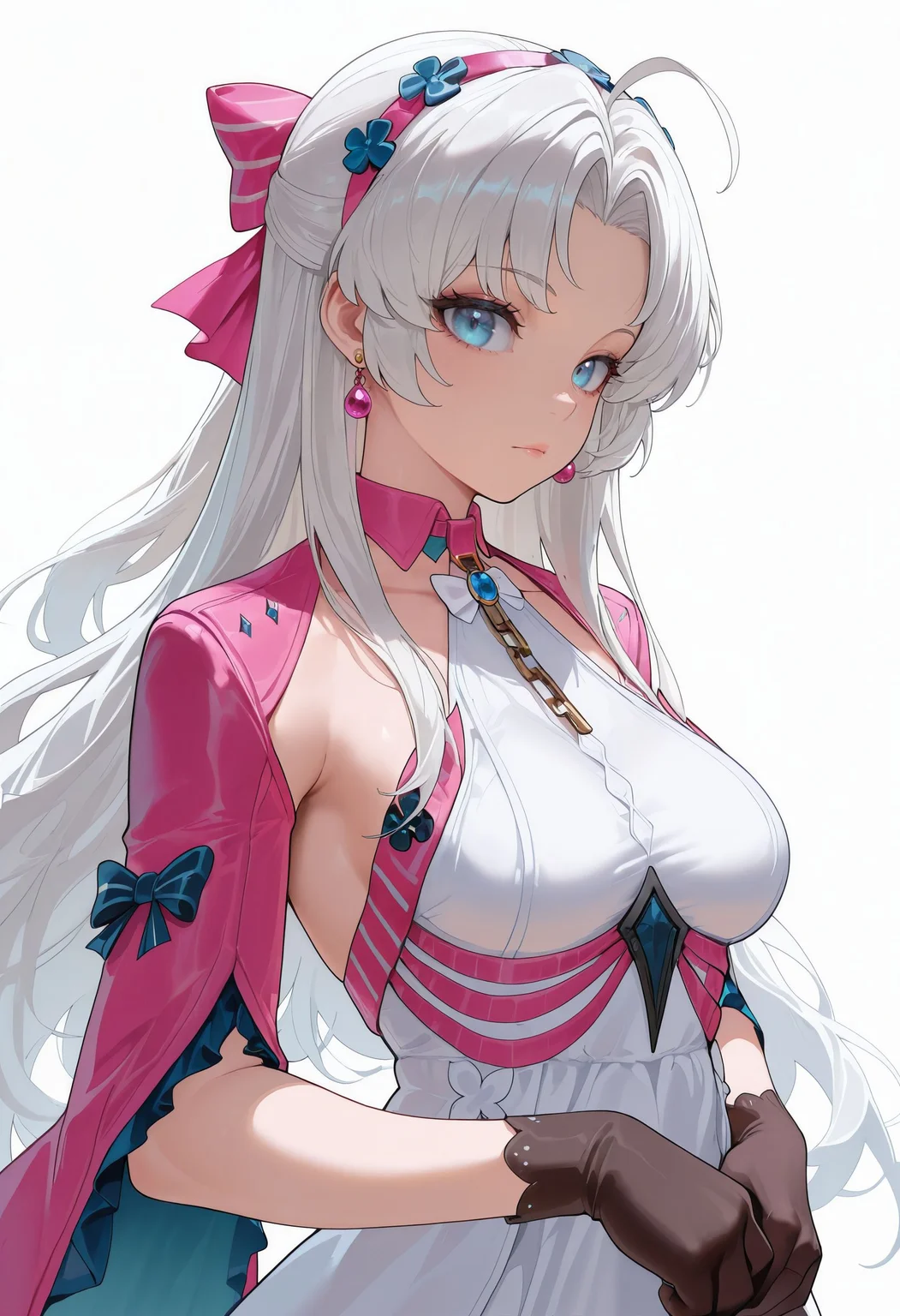 masterpiece,best quality,amazing quality,<lora:carlotta_wuwa_ilxl_goofy:1>carlottaWuwa, 1girl, solo, gloves,pink bow, dress, white dress, black gloves, jewelry, earrings, white background, looking at viewer, simple background, breasts, medium breasts, parted bangs, sleeveless dress, closed mouth, chain, flower,pink jacket,hairband,hair ornament,striped bow,