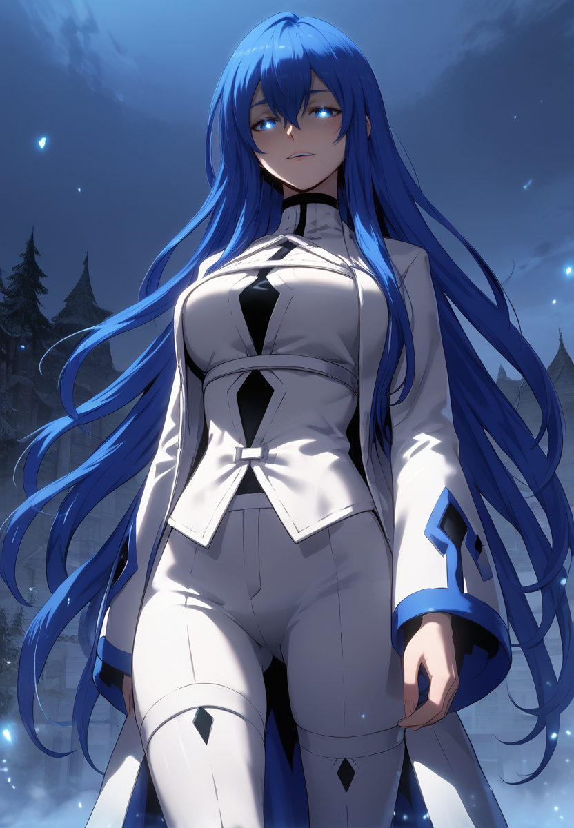 zPDXL3, score_9_up, score_8_up, score_7_up, (Anime_source),Masterpiece,(perfect female body:1.2), small waist, (incredibly detailed:1.4), slim, beautiful fingers, beautiful white skin, Beautiful clear skin, (large breasts:1.4)  thighs, looking at viewer, big breasts, ass, perfect ass,   <lora:Pridya_-_The_Priest_of_Corruption-Kaleid_PONY:0.9> pridya, 1girl, blue eyes, blue hair, long hair, hair between eyes, coat, white jacket, white pants, glowing eyes,