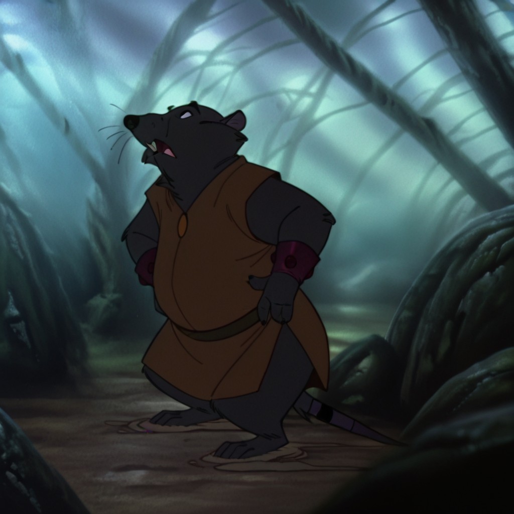masterpiece, best quality, amazing quality, Sullivantsonil, semi-anthro, male, rat, grey fur, black eyes, brown tunic, brown belt, purple wristbands, hands on hips, standing, in a forest, <lora:3b6c3c9c-1f1f-4cae-b1c6-6d6729f05a06:1.0>