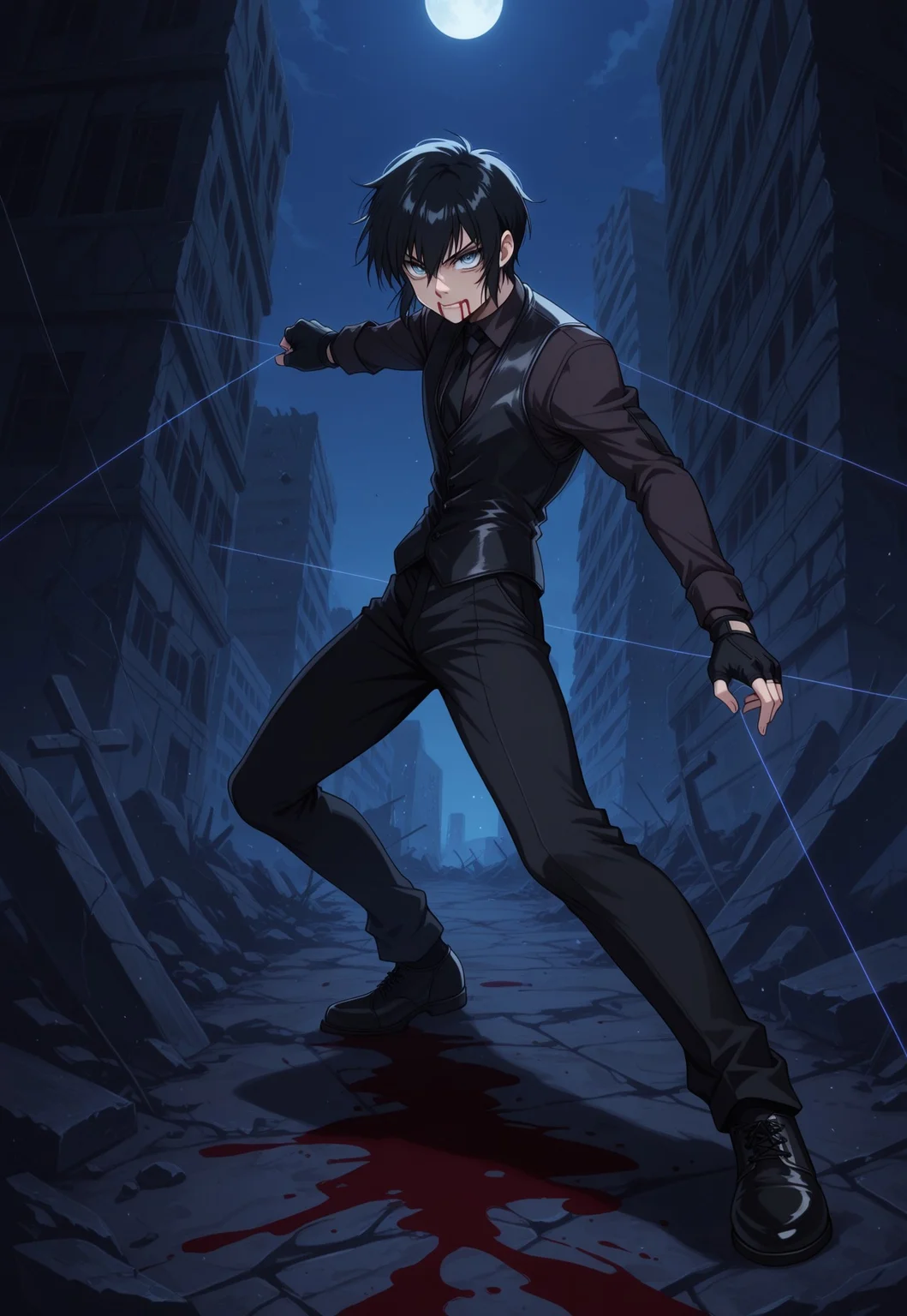 safe_pos, score_9, score_8_up, score_7_up, masterpiece, best quality, YoungWalter, solo, 1boy, male focus, black hair, short hair, blue eyes, black shirt, black necktie, black vest, black gloves, fingerless gloves, black pants, black shoes, full body, angry, blood from mouth, nosebleed, dynamic pose, thread, string, garrote, blood on floor, perspective, ruins, night