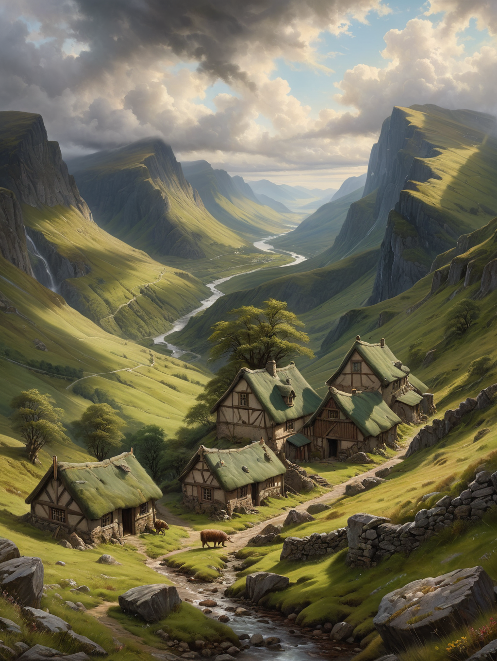 oil painting, dramatic highland, 34K uhd, masterpiece, high detail, 8k, intricate, detailed, high resolution, high res, high quality, <lora:add-detail-xl:1.8>, highly detailed, Extremely high-resolution details, fine texture,
