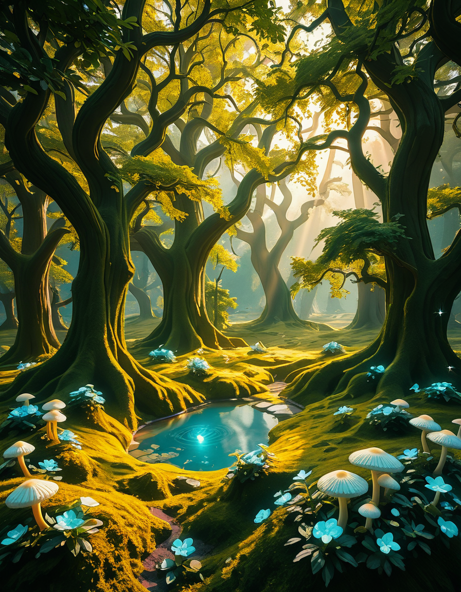 A mystical enchanted forest bathed in a soft, ethereal glow. Towering ancient trees with twisted roots and bioluminescent moss create a dreamlike atmosphere. The air is filled with a faint, magical mist that swirls gently around vibrant, oversized mushrooms and glowing blue and purple flowers. Delicate fireflies and tiny floating orbs of light hover in the air, illuminating the dense foliage with a magical shimmer. A narrow, winding path covered in soft moss leads deeper into the mysterious woodland, where faint beams of golden sunlight filter through the thick canopy, casting intricate patterns on the forest floor. The colors are rich and vibrant, with deep emerald greens, soft blues, and glowing purples creating a surreal and otherworldly ambiance. The scene is highly detailed and photorealistic, capturing the textures of the moss-covered tree trunks, the luminescent flora, and the misty, dreamlike atmosphere of the enchanted forest.
<lora:SDXLFaeTastic2400:0.4> <lora:extremely_detailed:0.4> extremely detailed,<lora:3nch4nt3d_f0r3st-ill:1>,3nch4nt3d f0r3st, Masterpiece,best quality,hi res,8k,hi res,8k,award winning,(sharp focus, intricate, highly detailed),