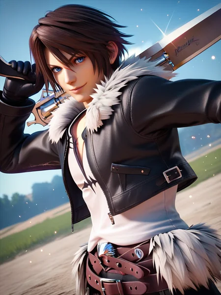 score_9, score_8_up, score_7_up, 1boy, weapon over shoulder, valley, fight pose, particles around, looking at viewer, cowboy shot, dynamic pose, smile, wide shot, dutch angle, detailed background,
<lora:Squall_character:0.8>, SquallXLP, brown hair, blue eyes, scar on face, black jacket, gloves, fur trim, white shirt, belt, gunblade, (3dstyle:1.2),