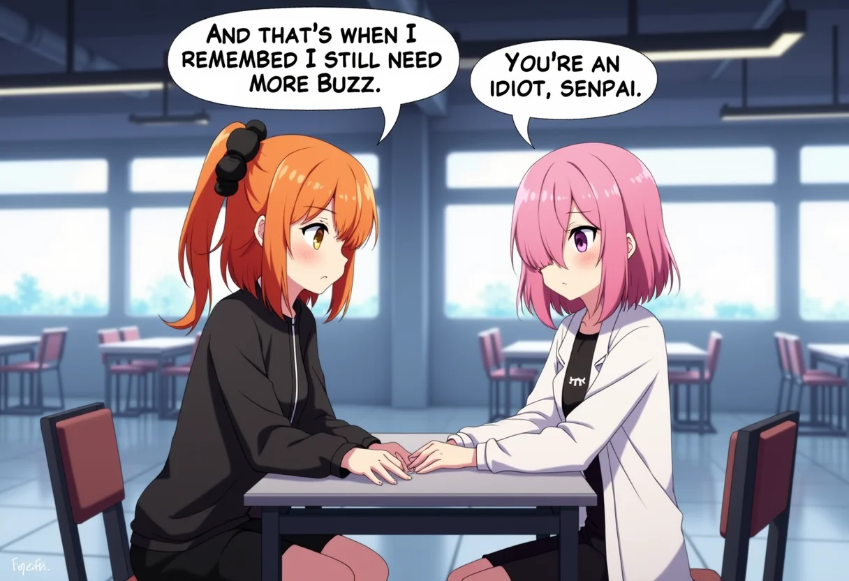 2girls, in a sci-fi cafeteria, looking at each other,
("And that's when I remembered I still need more Buzz" in a speech bubble to the left), one woman has shoulder length orange hair, side ponytail, black scrunchie, yellow eyes, black jacket, black skirt
("You're an idiot, senpai" in a speech bubble to the right) the other has short pink hair, bangs over one eye, purple eyes, white coat, black shirt, skirt, annoyed