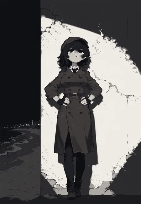 masterpiece, best quality, amazing quality, very aesthetic, absurdres, newest, ssambstyle, k4_illu, 
BREAK,
1girl, solo, black and white, monochrome, gradient black hair, short hair, side cut, detective hat, trench-coat, looking at viewer, head back, smoking cigarette, smoke trail, noir scene, noir theme, fingerless gloves, full body, leaning against wall, beach, medium breasts, hands hips, face focus,
BREAK, mysterious atmosphere, night, dramatic lighting, outdoors, city, detailed background, deep contrast, limited color palette, high contrast black, dramatic composition, 