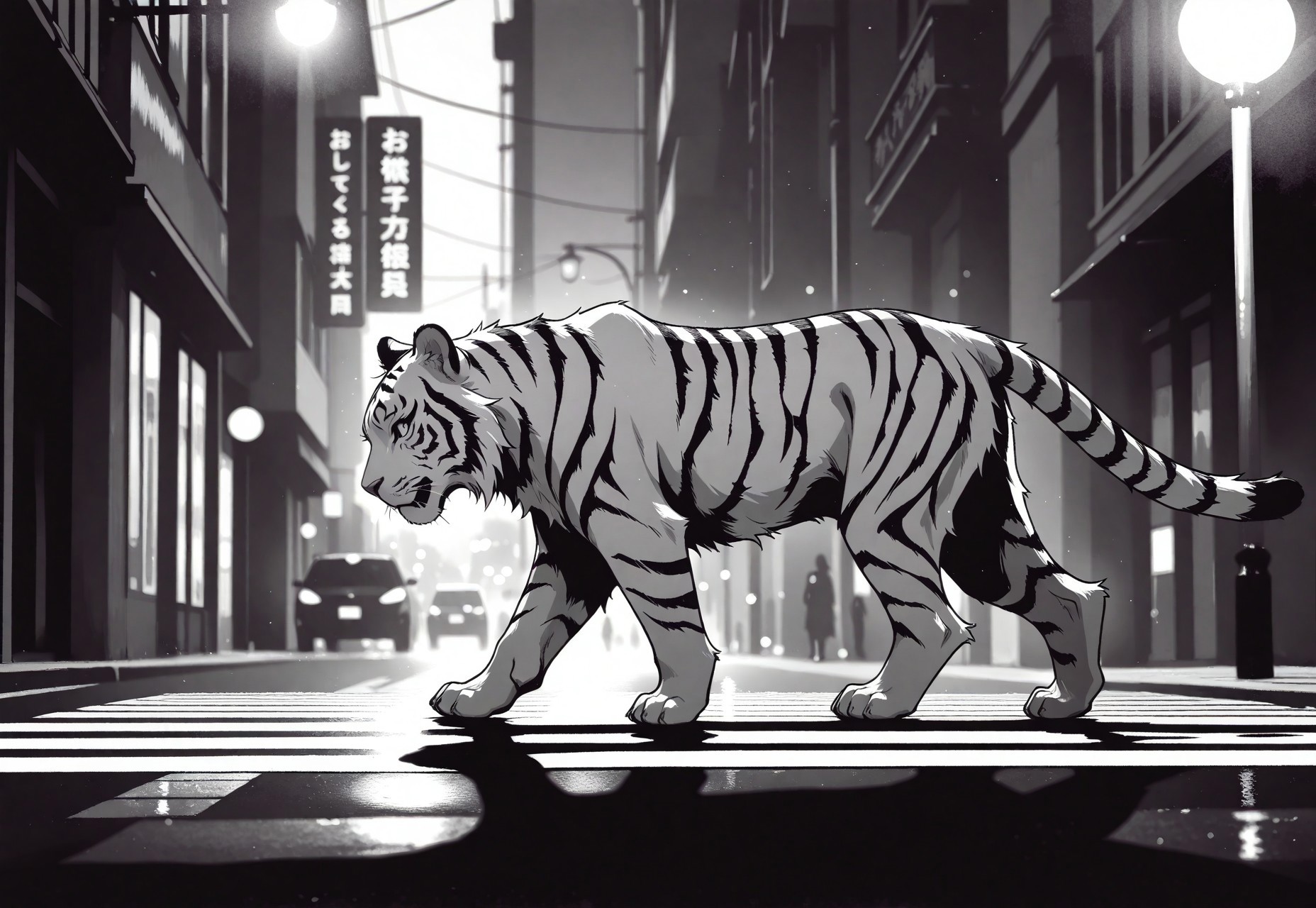 white tiger, walking, crossing, animal focus, pedestrian crosswalk, no cars, no humans, street lights, shadows, volumetric lighting, monochrome, grayscale, high contrast, street photography \(style\),  photo \(medium\), from side, 35mm, close up depth of field, bokeh, scenery, film grain, masterpiece, best quality, good quality, very awa, very aesthetic, absurdres, newest, opill