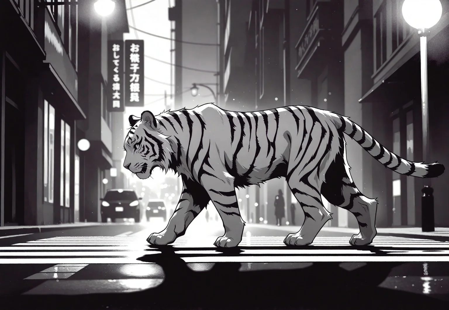 white tiger, walking, crossing, animal focus, pedestrian crosswalk, no cars, no humans, street lights, shadows, volumetric lighting, monochrome, grayscale, high contrast, street photography \(style\), photo \(medium\), from side, 35mm, close up depth of field, bokeh, scenery, film grain, masterpiece, best quality, good quality, very awa, very aesthetic, absurdres, newest, opill