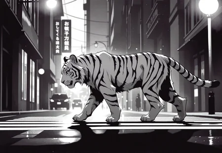 white tiger, walking, crossing, animal focus, pedestrian crosswalk, no cars, no humans, street lights, shadows, volumetric lighting, monochrome, grayscale, high contrast, street photography \(style\), photo \(medium\), from side, 35mm, close up depth of field, bokeh, scenery, film grain, masterpiece, best quality, good quality, very awa, very aesthetic, absurdres, newest, opill