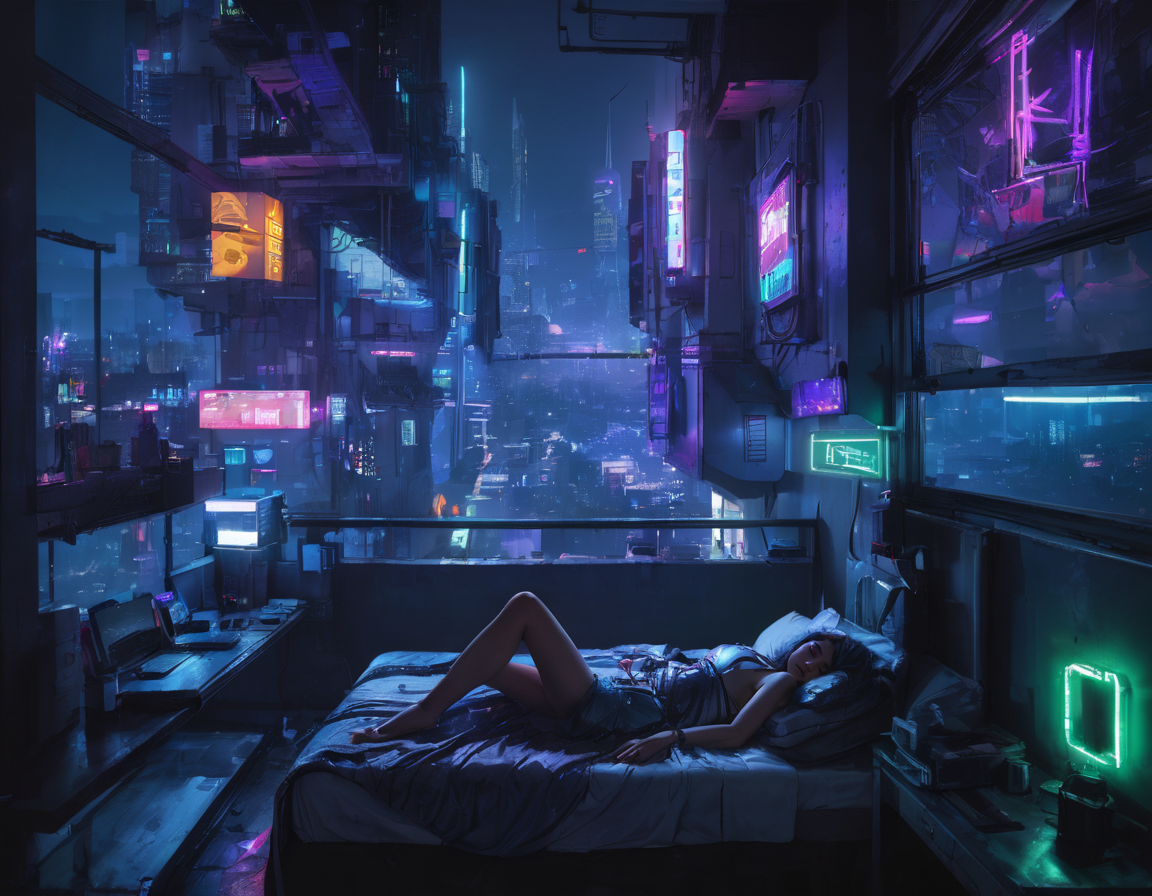 neon lights, city, bedroom, spaceships, sleeping girl, cyberpunk