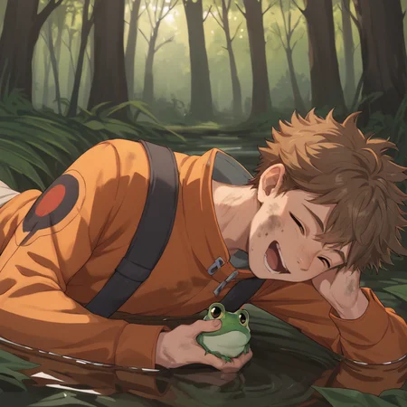 score_9,score_8_up, <lora:OtherStyle_01:0.6>,<lora:Hinata_Minoru-000011:0.8>,hinata minoru,brown hair,brown eyes,orange jacket,male focus,solo,twink, laughing, frog sitting on head,forest, lying,on ground,swamp,dirty clothes,