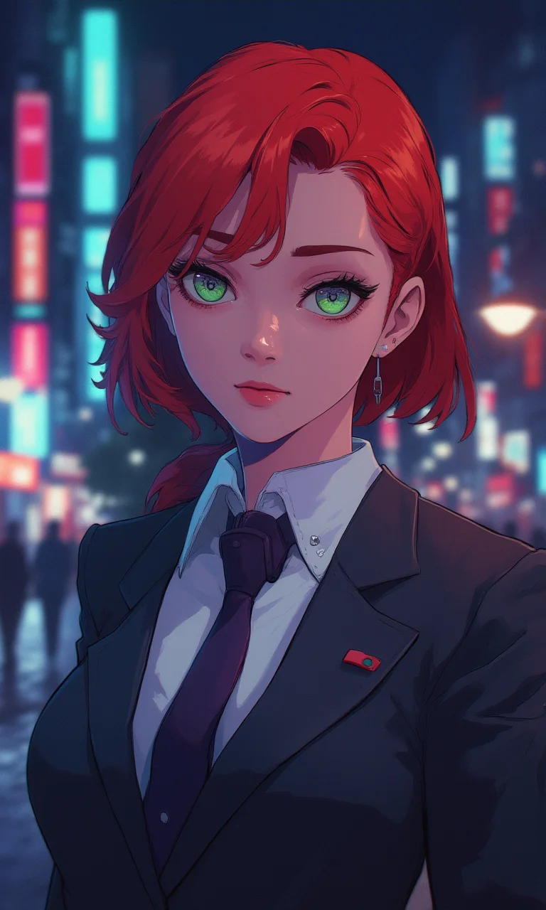 mature woman wearing a suit and tie close up portrait photo , red hair, green eyes, closeup on facecyberpunk anime city at night, comic illustration<lora:Flux\mine\bigeyes.safetensors:0.0:0.0> <lora:Flux\CPA.safetensors:0.7000000000000001:0.7000000000000001>