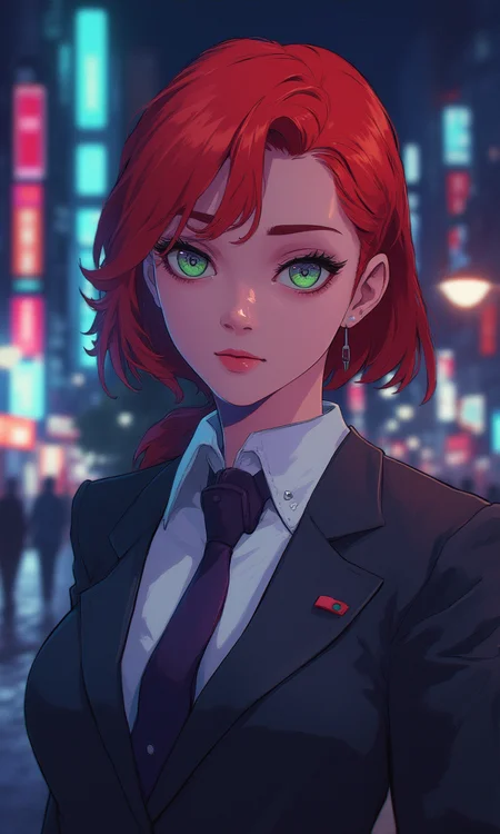 mature woman wearing a suit and tie close up portrait photo , red hair, green eyes, closeup on facecyberpunk anime city at night, comic illustration<lora:Flux\mine\bigeyes.safetensors:0.0:0.0> <lora:Flux\CPA.safetensors:0.7000000000000001:0.7000000000000001>