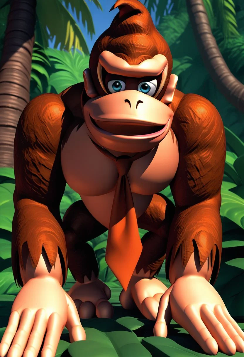 (source_furry, source_cartoon, score_9, score_8_up, score_7_up:1), solo male, donkey kong, kong, all fours, looking at viewer, smile, outdoors, jungle, 3d