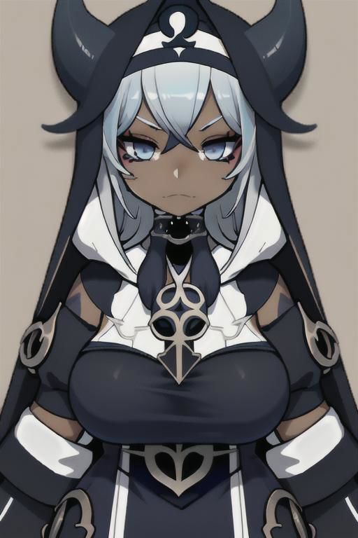 Devil, horns, body mods, chibi, huge breasts, thick thighs, muscular, ((dark tan skin)), white hair, ((navy hair streaks)), short spiky scene hair, slanted blue eyes,blue tribal cloud tattoos, non human, monster girl, bad ass, ((nun)), huge fluffy white scarf, (( hooded jumpsuit)), ((steampunk)), ((y2k aesthetic)), black, white, navy, light blue, 3d render, chibi, ((Kaeya Alberich inspired outfit)), poofy hair, eyeliner, emo, emo makeup, goth, wrench_genshin_style, chara-sheet