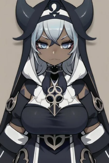 Devil, horns, body mods, chibi, huge breasts, thick thighs, muscular, ((dark tan skin)), white hair, ((navy hair streaks)), short spiky scene hair, slanted blue eyes,blue tribal cloud tattoos, non human, monster girl, bad ass, ((nun)), huge fluffy white scarf, (( hooded jumpsuit)), ((steampunk)), ((y2k aesthetic)), black, white, navy, light blue, 3d render, chibi, ((Kaeya Alberich inspired outfit)), poofy hair, eyeliner, emo, emo makeup, goth, wrench_genshin_style, chara-sheet