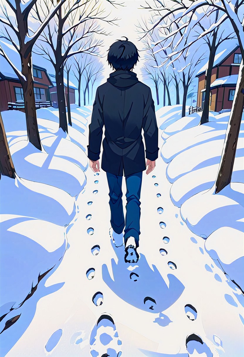 high resolution, solo, best quality, 1Boy, Arata Kaziaki, Black Hair, Blue Eyes, Walking in the snow, footprints, winter, serene,