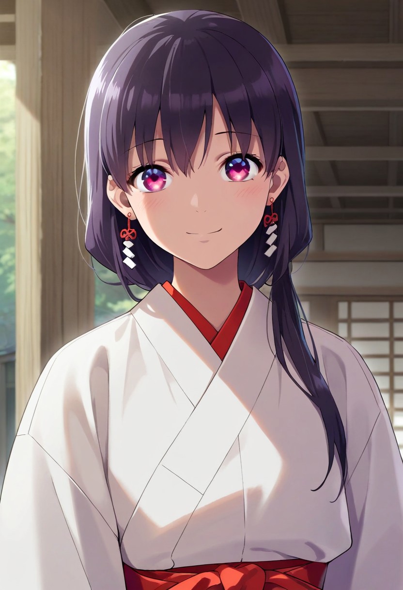 masterpiece,best quality,amazing quality, saimori miyo, dark purple hair, purple-pink eyes, long hair,  1girl, solo, japanese clothes, miko, looking at viewer, earrings, jewelry, upper body, smile