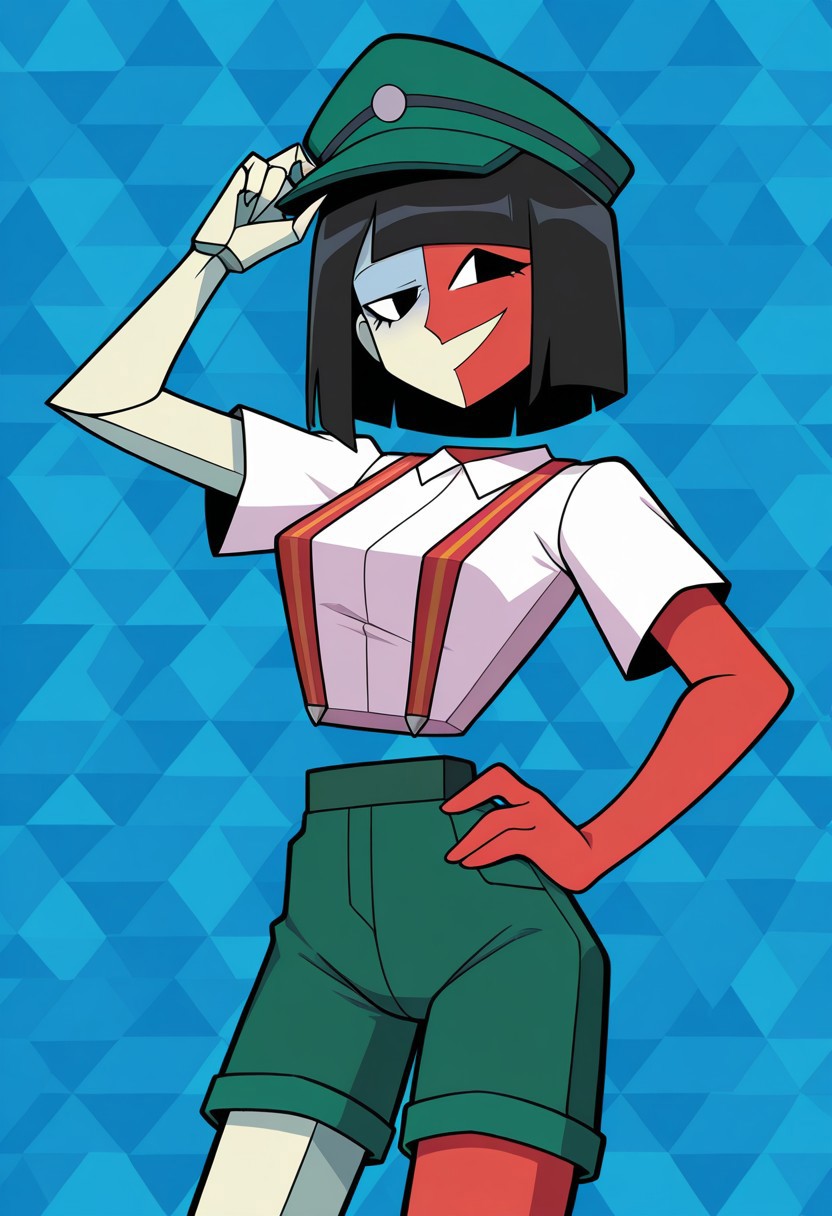masterpiece, best quality, highres, BREAK, 1girl, solo, ena2, rightface, geometric body, detached limbs, multicolored skin, white and red skin, black eyes, black hair, short hair, blunt bangs, dbbqoutfit, green headwear, peaked cap, white shirt, collared shirt, short sleeves, suspenders, green shorts, looking at viewer, open mouth, smile, hand on headwear, hand on hip, standing, cowboy shot, geometric background