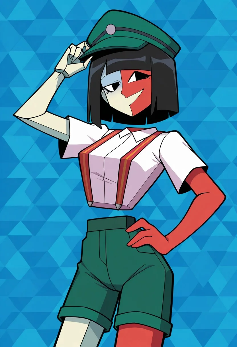 masterpiece, best quality, highres, BREAK, 1girl, solo, ena2, rightface, geometric body, detached limbs, multicolored skin, white and red skin, black eyes, black hair, short hair, blunt bangs, dbbqoutfit, green headwear, peaked cap, white shirt, collared shirt, short sleeves, suspenders, green shorts, looking at viewer, open mouth, smile, hand on headwear, hand on hip, standing, cowboy shot, geometric background
