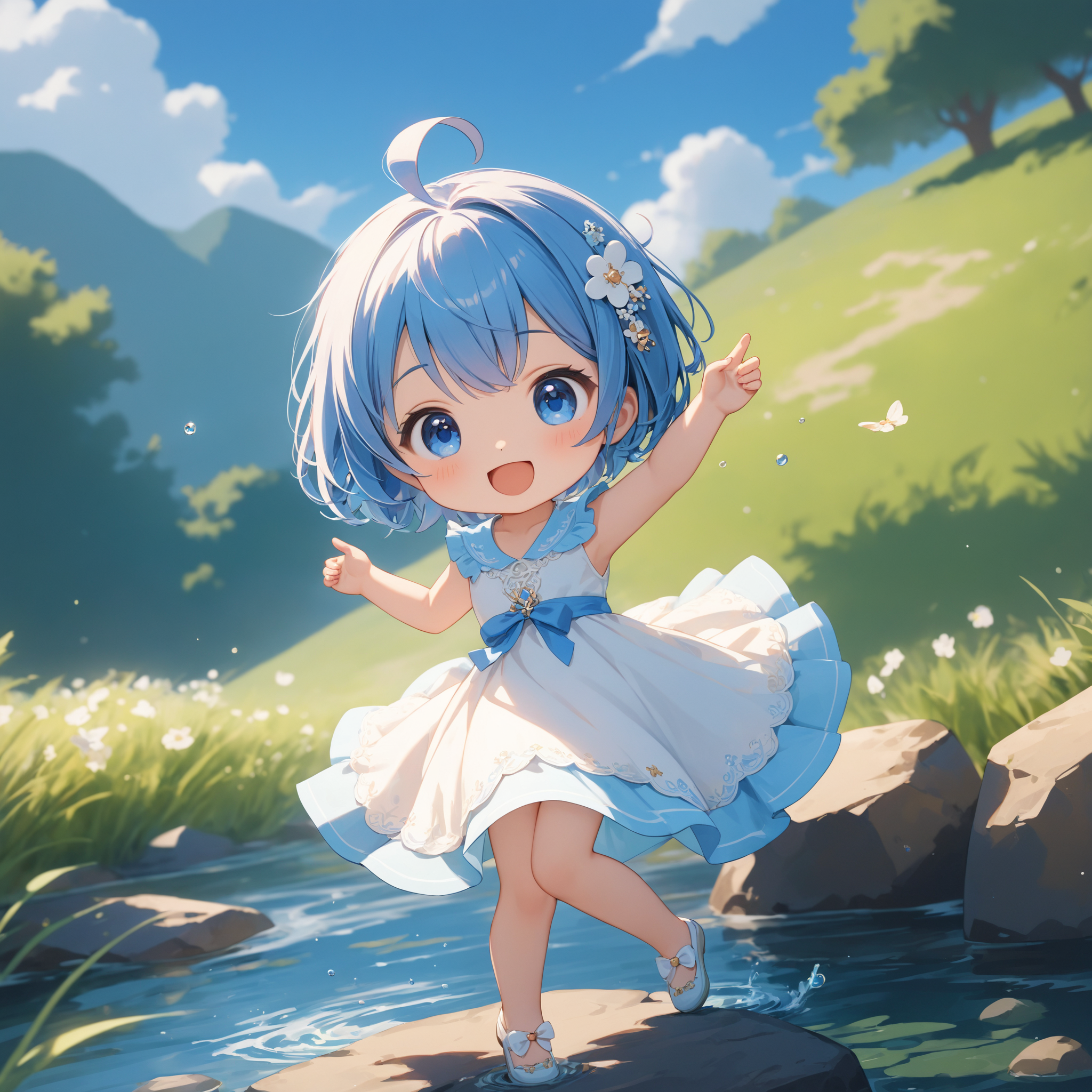 SceneDescription:
  - Composition: Full body shot. Cinematic angle.
  - Subject: A cute girl.
    - Characteristics:
      - Hair: Sky-blue short hair and ahoge.
      - Eyes: Blue eyes.
      - Clothing: White a-line dress.
      - Expression: Happy expression. Open mouth.
      - Posing: Dynamic pose. Looking at viewer.
  - Background: Stream.
    - Elements: Blue sky.
ArtStyle: (Chibi:1.05). Deformed. Cute style.
Quality: Intricate details. Extremely detailed. Outstanding intricacies. (Masterpiece:1.2). (Best quality:1.2). (Absurdres absolutely resolution:1.4).
Mood: Serene atmosphere.