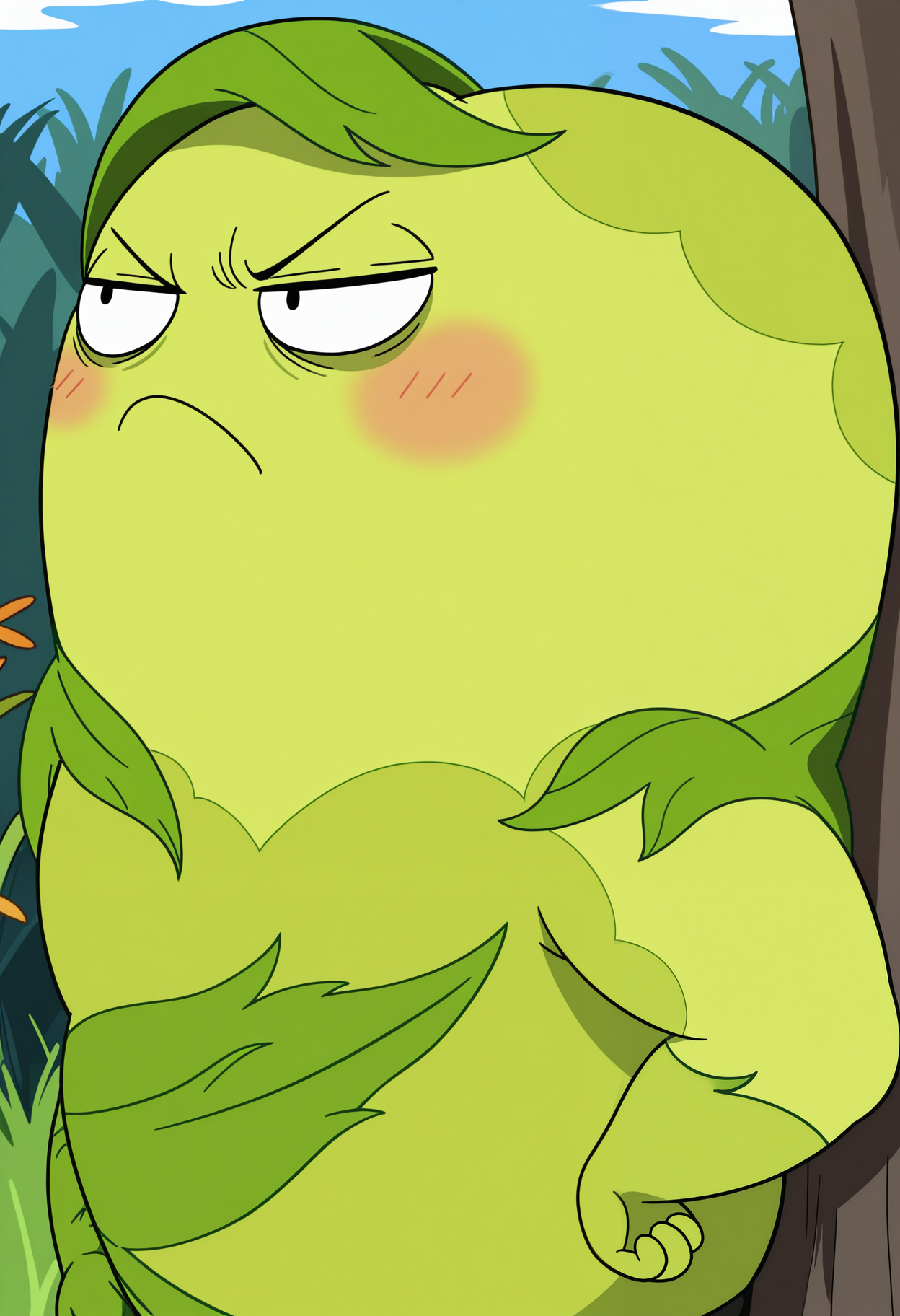 masterpiece,best quality,amazing quality,  1boy, solo, d0nny, plant boy, close up, side angle, outdoors, annoyed, 