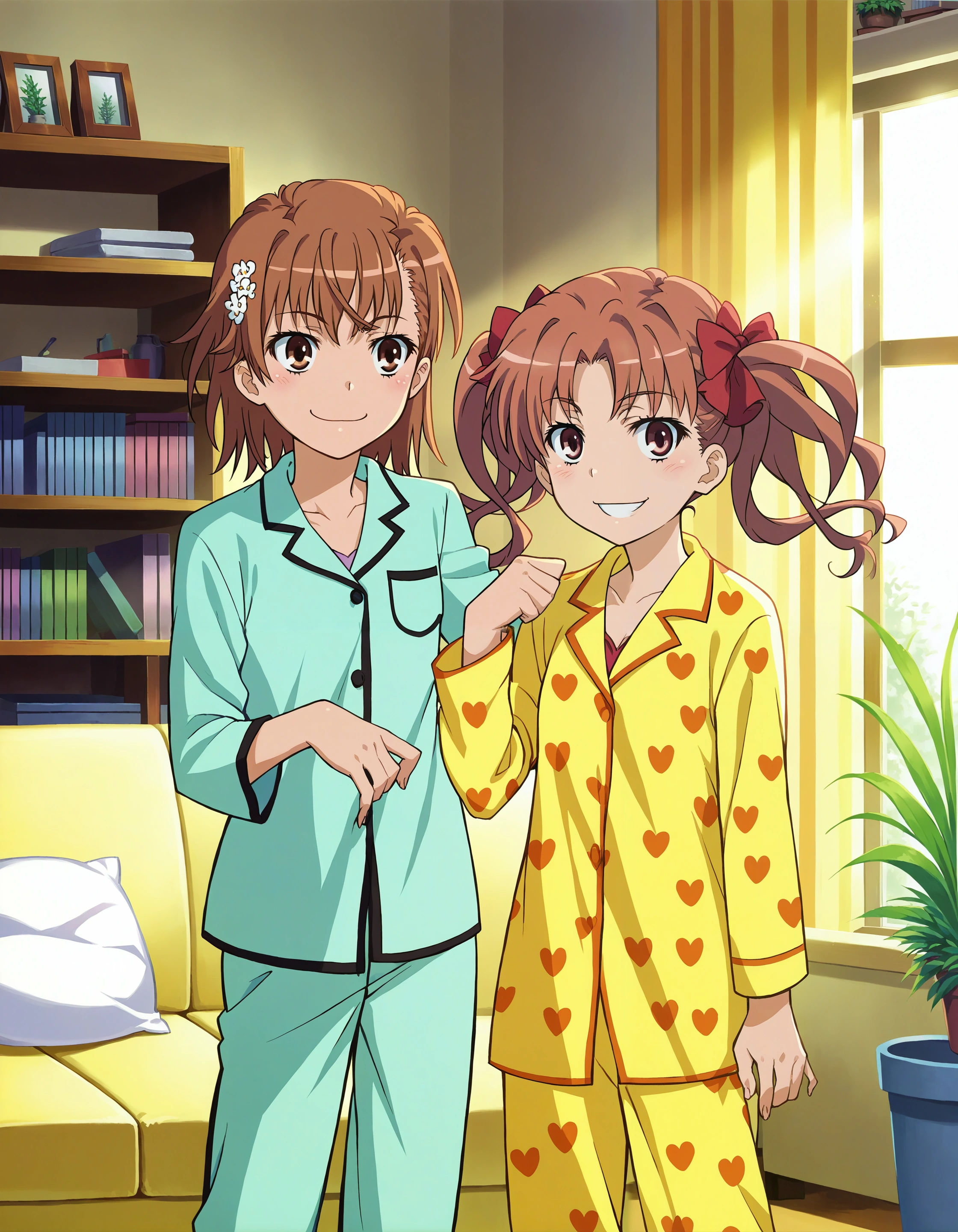 score_7_up, source_anime,
2girls, misaka mikoto, shirai kuroko, twintails, pajamas, smile,
indoors, sunlight, sofa, pose, gekota,
potted plant, decorations, shelf,
<lora:style_railgun-pony-v1.7:1>