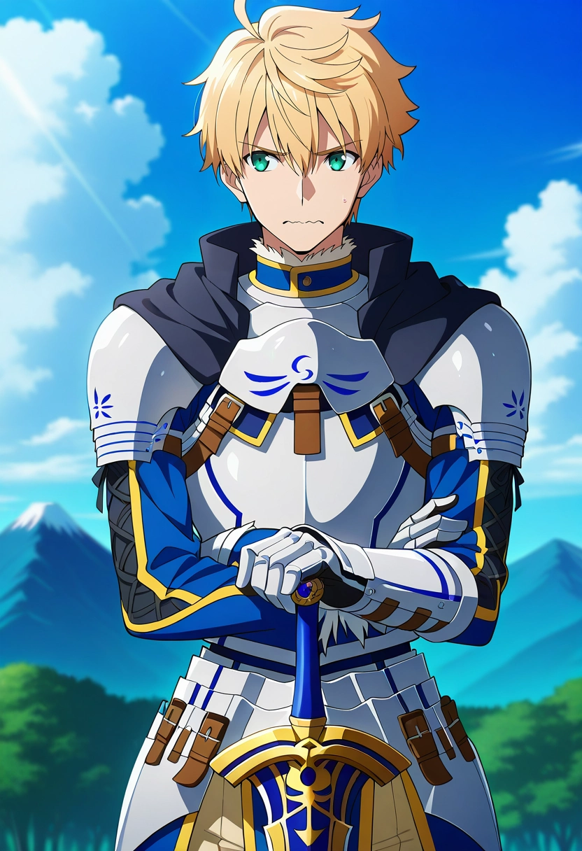 masterpiece, best quality, , anime screencap, anime coloring, official style, , 1boy, solo, male focus, <lora:arthur_pendragon_fate_ilxl:0.94>, arthur_pendragon_fate, blonde hair, green eyes, short hair, ahoge, hair between eyes, bangs, armor, breastplate, gauntlets, pauldrons, shoulder armor, , holding sword, straight-on, fuji mountain, day, clouds, arms under breasts, wavy mouth, closed mouth, Khaki pants, Aztec GoldenYellow Rayon Long-sleeve shirt, , ,