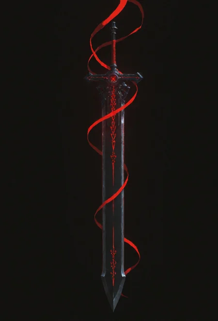 lazypos, vera_awa, EdgeOfAvarice, greatsword, glowing red runes, dark fantasy, demonic weapon, elegant, single weapon, extremely high detail, glowing runes, power, flowing ribbon, black background, dutch angle, floating, crimson energy 