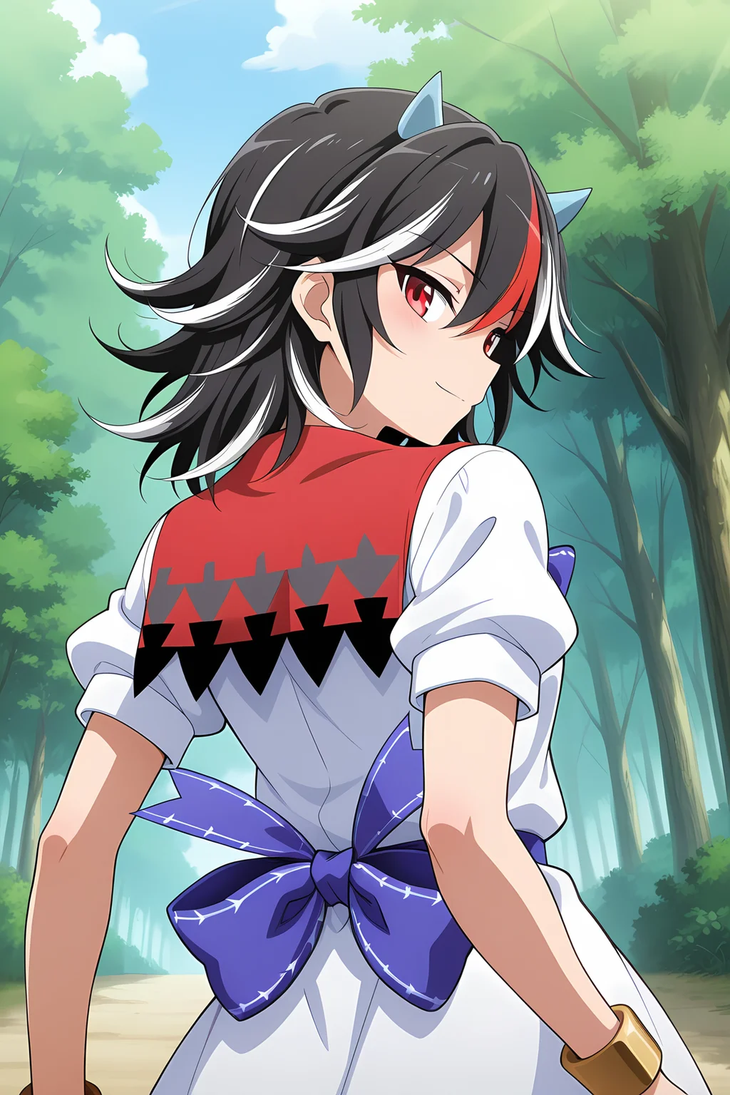absurdres, highres, masterpiece, best quality, amazing quality, official anime artwork, screencap, anime screencap, outdoors, light smile, looking at viewer, dynamic pose, from behind, from the back,
<lora:Seija-Kijin_Illustrious:1> kijin seija, 1girl, solo, red eyes, black hair, multicolored hair, streaked hair, horns,, white dress, short sleeves, blue bow, bracelet, arrow print,