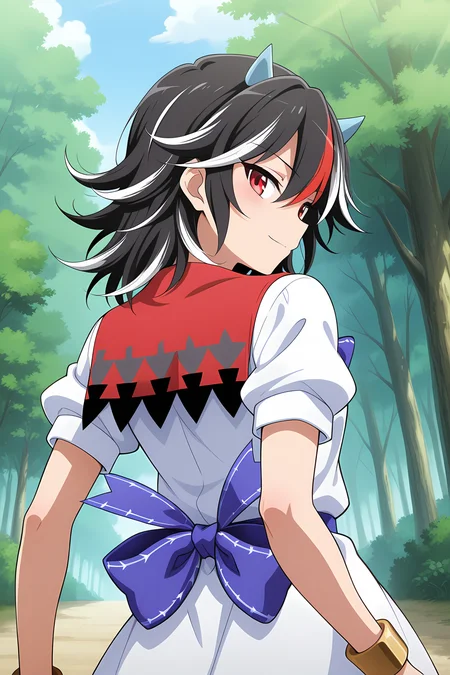 absurdres, highres, masterpiece, best quality, amazing quality, official anime artwork, screencap, anime screencap, outdoors, light smile, looking at viewer, dynamic pose, from behind, from the back, 
 <lora:Seija-Kijin_Illustrious:1> kijin seija, 1girl, solo, red eyes, black hair, multicolored hair, streaked hair, horns,, white dress, short sleeves, blue bow, bracelet, arrow print,