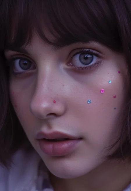 photorealistic shot of a 1girl, close-up, partial face, large blue eyes, long lashes, black hair, bangs, glossy lips, freckles, pink and blue sparkles on face, looking to the side, detailed, soft lighting, ethereal glow, dreamy atmosphere