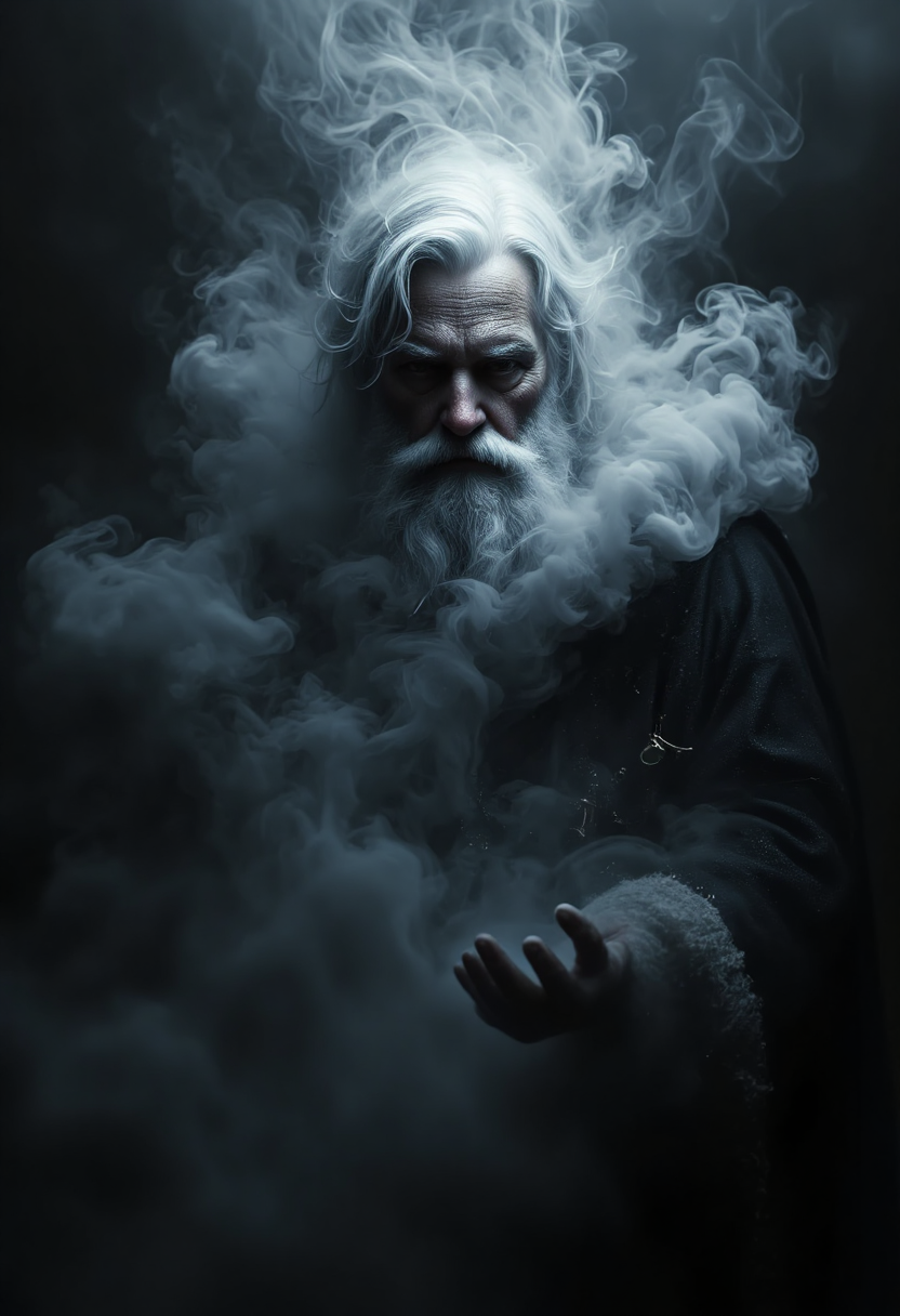 a dipiction of a santa claus, (disintegrating and dissolving into fog and smoke:1.75), (blending form with the black background:1.75). Framed in thick volumetric fog. diffused light, delicatly, whispering, eye catching masterpiece artwork. drifting fog, cracked light and scattering smoke in a dreamlike reality.
