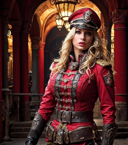 RAW photo, (masterpiece:1.3), subsurface scattering, heavy shadow, (high quality:1.4), (intricate, high detail:1.2), professional photography, HDR, High Dynamic Range, realistic, ultra realistic, photorealistic, high resolution, film photography, ambient lighting, atmospheric effects, <lora:detail_slider_v4:2>, OverallDetail, <lora:JennyP:1>, JennyP, belt, boots, gloves, military hat, pants, red jacket, red military uniform, simple background, solo, standing, wavy hair, femun, upper body, <lora:FemaleUniform:0.7>