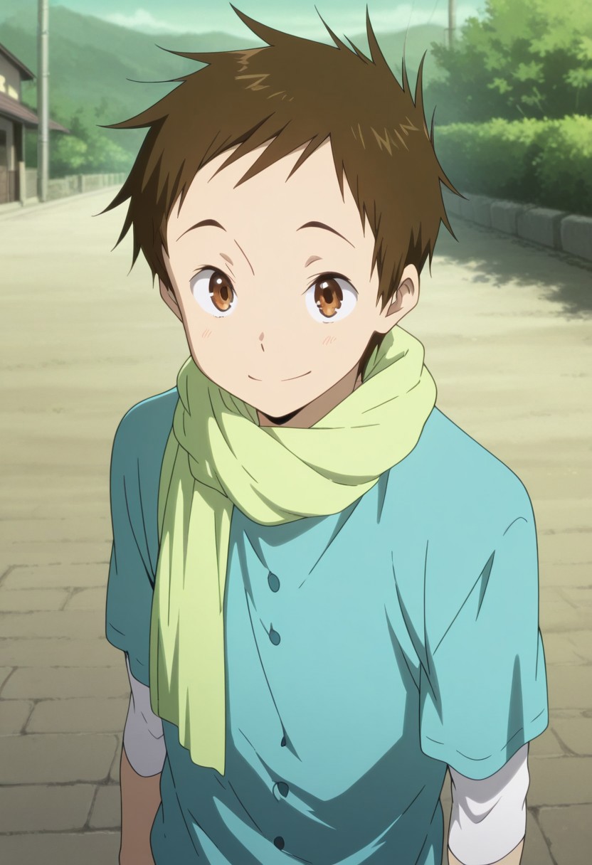 masterpiece,best quality,amazing quality, source_anime,
SatosFukube, 1boy, male focus, solo, brown eyes, brown hair, scarf, green scarf, shirt, blue shirt, white shirt, short over long sleeves, outdoor, smile,