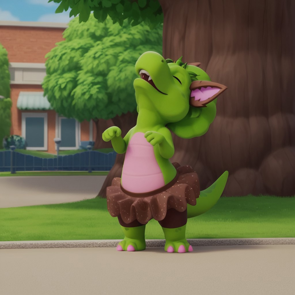 score_9, score_8_up, score_7_up, score_6_up, score_5_up, score_4_up, source_furry, bopbw, semi-anthro, female, dinosaur, green skin, green hair tuft, hands up, solo, no humans, tree, outdoors, day, full body, sky, standing, closed eyes, tail, lamppost, head back, howling at moon, wolf ears, brown skirt, brown shorts