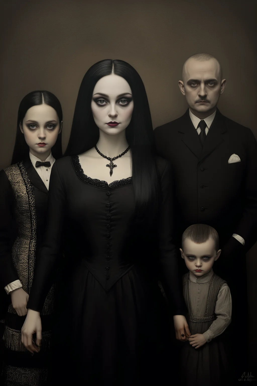 masterpiece,best quality,style of Stephen Mackey,portrait of The Addams family,<lora:luxart:0.3>,