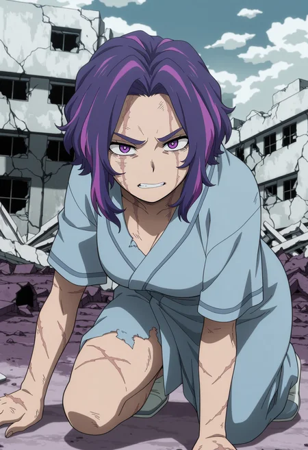1girl,solo,mm,mature female,purple hair,multicolored hair,short hair,purple eyes,anime coloring,
hospital gown,scar,on one knee,outdoors,ruins,arm support, clenched teeth, looking at viewer, injury,
,masterpiece,best quality,amazing quality,<lora:Lady_Nagant-My_Hero_Academia:0.8>