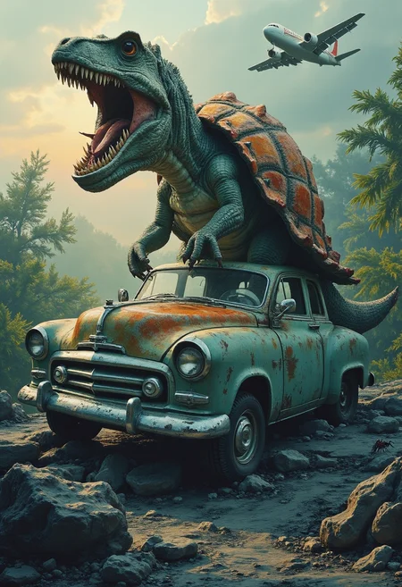 The image portrays an imaginative scene where a large, fantastical creature resembling a dinosaur with a shell has replaced the body of an old car. The creature, which takes up most of the image, is positioned on a rocky outcropping in what appears to be a jungle setting. It features sharp teeth and claws on its hands, suggesting a predator or scavenger nature. The car itself is partially visible under the creature's shell, showing signs of wear and rust, implying it has been there for some time. In the background, an airplane can be seen flying over the scene, adding to the fantastical element. There are also a few insects on the lower left corner of the image, contributing to the sense of a lush, active ecosystem. The color palette is rich and varied, with the green hues of the jungle environment contrasting with the more subdued tones of the dinosaur's skin and the car's rusty exterior. Syle of Jaced Jerka.
