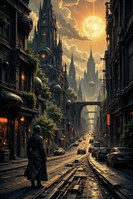 city, street, beautiful misterious futuristic sci-fi cyberpunk landscape, golden hour, woman, very intricate, very detailed, sharp, colorful, <lora:Hand v2:1> <lora:Anti-Blur:1> <lora:Insane Detail Slider:0.5>  <lora:Flux.1_Turbo_Detailer:0.6> <lora:flux.1_lora_flyway_Epic-detail_v2:0.6> <lora:flux-charmer-v1-1:0.4><lora:Vibrantly_Sharp_style_v.5:0.4> <lora:The_Dark_Side_Of_The_Future:0.8> <lora:Neurocore Anime Cyberpunk v2.0:0.7> A digital artwork in the style of cknc