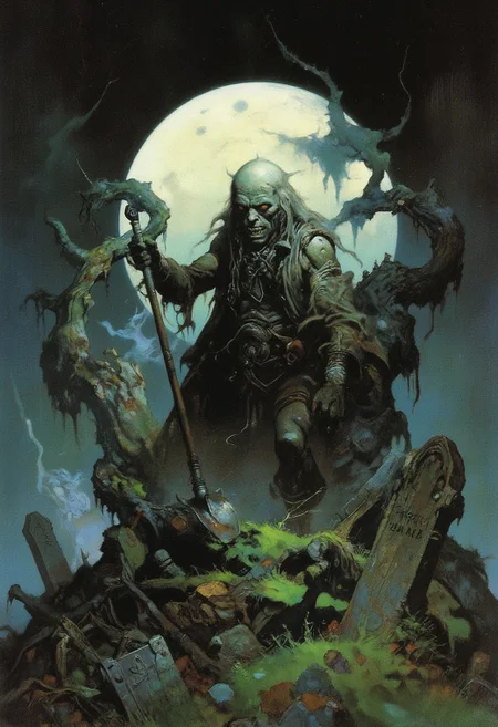 Comic book style 8k high quality digital painting , masterpiece, very detailed, ultra realistic, (best quality) very detailed epic masterpiece, a zombie-like very old man is standing on a churchyard in front of a freshly opened grave, insane facial expression, stringy muddy long hair, pale face, sunken cheeks, opened mouth, lank body, ragged outfit, ragged coat, a shovel in his hand, cemetary with an opened grave, old neglected headstones, high grass, gnarled tree in the background, foggy, full moon, dramatic sky, very dark night, scary scene, action, scary, best quality, epic scene, Dungeons and dragons atmosphere, heroic fantasy, fna_style, Comic book style