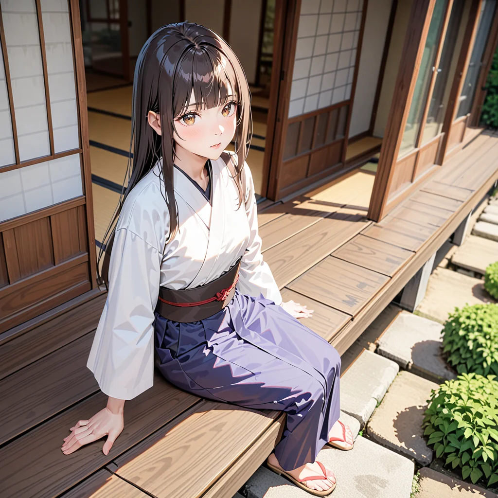 ultra detailed, absurd res, high res, extremely detailed, good quality, film grain, (cinematic angle:1.2), [realistic:0.2], [3d:0.9],from above,2d,illustration, 
perspective, best quality, <lora:Fixhands_anime_bdsqlsz_V1:1>,<lora:StS_age_slider_v1_initial_release:1> 
girl,black hair, long hair, hime cut,straight hair, brown eyes,white kimono,puffy sleeves,small breasts,(skinny:0.5),neck,(tsurime,narrowed eyes:1),violet hakama, (yaeba:0.1),sitting on a wooden deck,wooden deck,rest on the pillars,japanese style veranda,sunroof,looking up
dark background,,blurry background, (dappled sunlight:1),(bokeh:1),<lora:Engawa:0.7>,japanese oldstyle house,