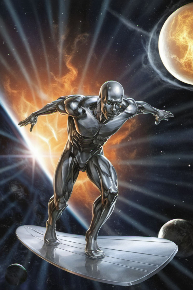 a silver sufer surfs in space, blackhole swallowing the earth in the background <lora:SilverSurfer1024:0.8>