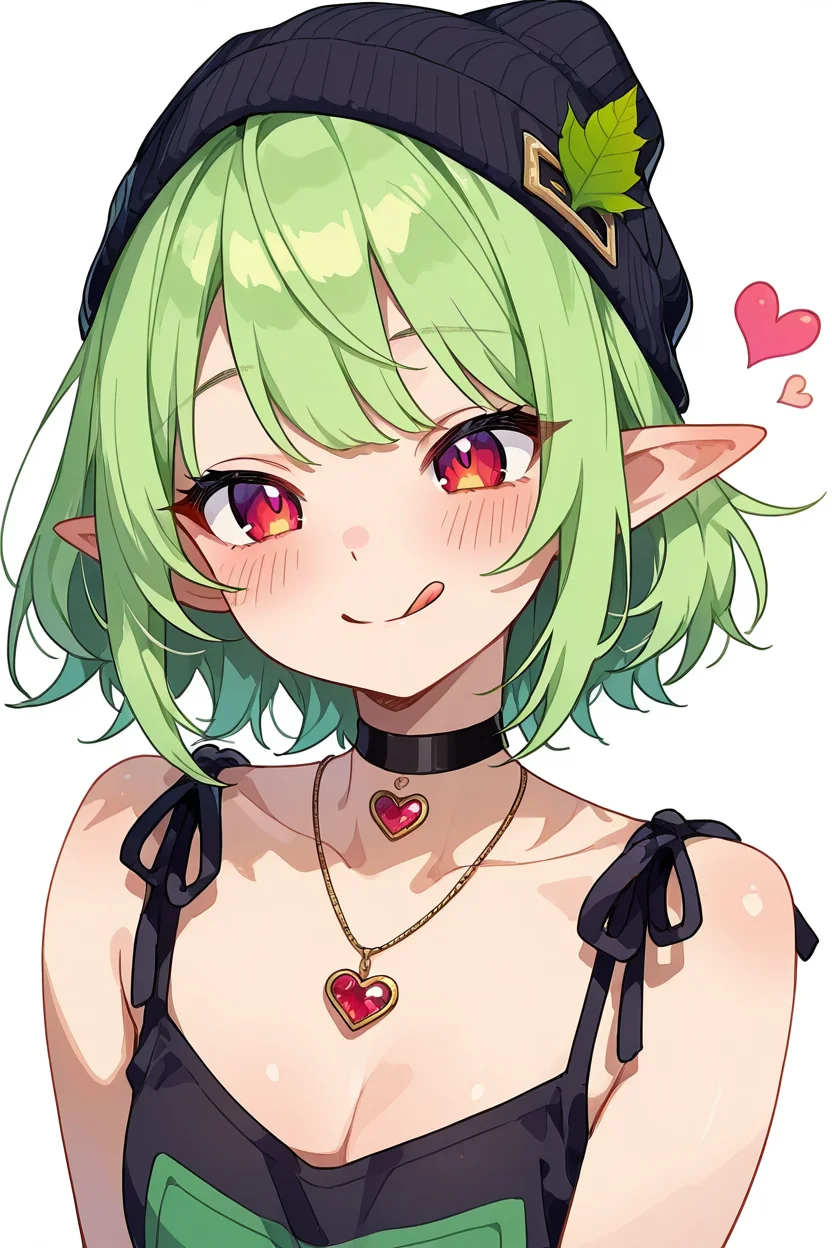 masterpiece, best quality, <lora:Style55IXL_v5:1.0>, 1girl, solo, blush, smile, short hair, simple background, red eyes, hat, white background, jewelry, upper body, heart, green hair, choker, tongue, pointy ears, tongue out, necklace, black headwear, leaf, black choker, :q, beanie